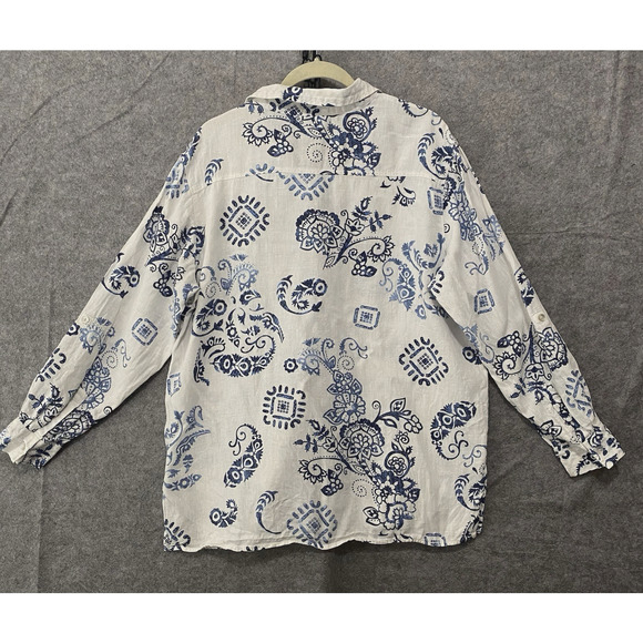 Chicos Linen Top Shirt Womens Sz 2‎ US 12 White Blue Paisley Floral Roll Tab - Picture 2 of 7